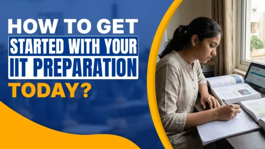 A focused student studies at a desk with open textbooks and a tablet showing a mock test, illustrating how to start IIT exam preparation.