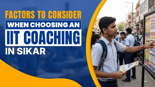 A promotional graphic with the headline "Factors to Consider When Choosing an IIT Coaching in Sikar" on a blue background. To the right, a photograph shows a student in a striped shirt holding a brochure and pointing at a roadside bulletin board filled with advertisements for various coaching institutes like Allen and Matrix.