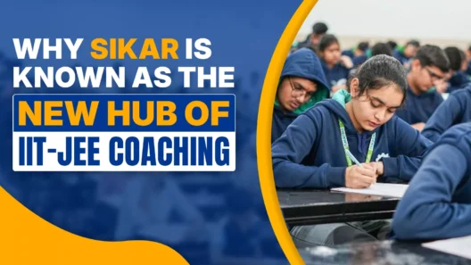 Main Headline: "TOP 10 IIT COLLEGES IN INDIA 2026" written in bold blue and white text. Sub-headline: "Rankings, Courses & Placements" displayed at the bottom left. Visual Details: A young woman with glasses and long dark hair stands on the right, wearing a light-colored button-down shirt and a black backpack. She has white headphones around her neck and is holding several yellow notebooks. Background: A solid blue background with a wavy yellow abstract design at the bottom left corner.