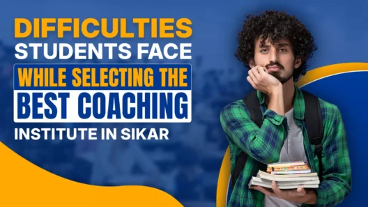 A young male student with curly hair, wearing a green checkered shirt and backpack, holding a stack of books with a thoughtful and concerned expression. Text on the image reads: "Difficulties Students Face While Selecting the Best Coaching Institute in Sikar." The background features a blurred classroom and abstract blue and yellow design elements.