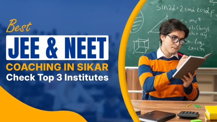 A focused student wearing glasses and a striped sweater studies from a notebook in a classroom. A chalkboard behind him shows math formulas and diagrams. Text on the image reads: 'Best JEE & NEET Coaching in Sikar - Check Top 3 Institutes.'