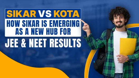The graphic highlights the growing competition between Sikar and Kota, two cities in Rajasthan, India, known for their intensive coaching institutes for competitive exams like JEE (Engineering) and NEET (Medical).