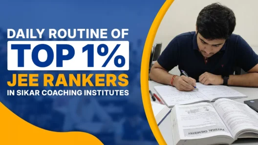 Top 1% JEE ranker studying with books and notes in a Sikar coaching institute, highlighting daily routine for competitive exam preparation.