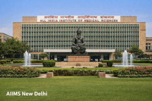 Front view of AIIMS New Delhi main building with the All India Institute of Medical Sciences sign, a large seated statue in the center, green lawns, flower beds, and water fountains under a clear blue sky.