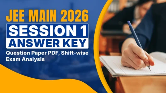 JEE Main 2026 Session 1 answer key banner showing a student writing an exam, with text highlighting question paper PDF and shift-wise exam analysis.