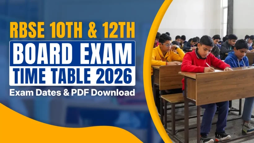 Students writing board exams in a classroom, focused on their answer sheets during the Rajasthan Board (RBSE) 10th and 12th examinations, sitting in rows at wooden desks with pens and papers.