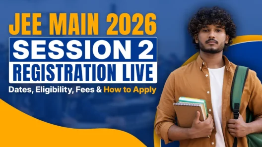 "Indian engineering student preparing for JEE Main 2026 Session 2, standing confidently with notebooks and backpack, registration now LIVE – dates, eligibility, fees, and application guide for April attempt"