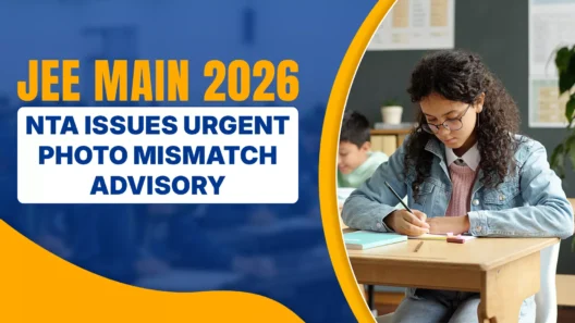 An informational graphic featuring a split design. On the left, against a blue background, large yellow text reads "JEE MAIN 2026," followed by a headline in a white box with blue text stating: "NTA ISSUES URGENT PHOTO MISMATCH ADVISORY." On the right side, separated by a yellow curve, is a photograph of a young female student with curly hair and glasses, wearing a denim jacket, writing in a notebook at a desk in a classroom environment.