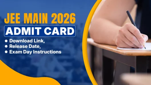 The image features a blue and yellow color scheme with a person's hand visible on the right, holding a pencil as if taking an exam. The main text on the left is bold and includes the following points: JEE MAIN 2026 ADMIT CARD Download Link Release Date Exam Day Instructions Would you like me to find the latest official updates or release dates for the JEE Main 2026 admit card for you?
