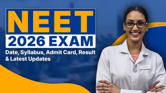 The image depicts a vibrant promotional graphic for the NEET 2026 Exam, featuring bold text in orange and blue with the main title "NEET 2026 EXAM" prominently displayed at the top in large yellow-orange letters. Below it, "Date, Syllabus, Admit Card, Result & Latest Updates" is written in white on a blue background. A smiling young woman in a white doctor's coat, wearing glasses and a name tag reading "Faculty of Dentistry," stands confidently with arms crossed against a blurred blue gradient backdrop that suggests a medical or campus setting, evoking aspiration and professionalism in the medical field. Curved orange and blue wave-like elements add dynamic energy to the design, making it eye-catching and motivational for aspiring medical students preparing for the competitive entrance exam.