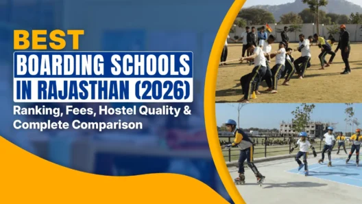Top boarding schools in Rajasthan (2026) - students participating in team building tug of war and roller skating on school ground with mountains background