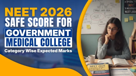 Banner image showing “NEET 2026 Safe Score for Government Medical College – Category Wise Expected Marks” text on a blue and yellow background, with a female student studying at a desk, books open, and a notebook labeled NEET 2026 visible, along with a whiteboard behind her displaying study notes and “Target: AIIMS Delhi.”