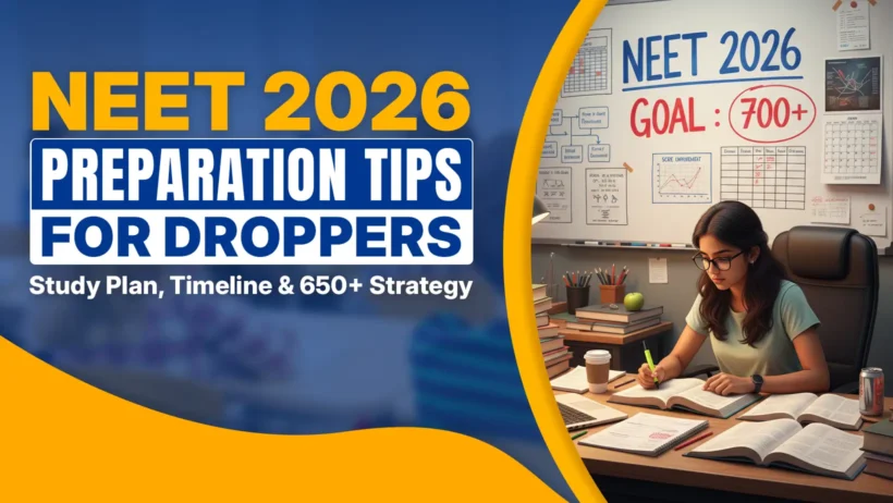 Banner image showing “NEET 2026 Preparation Tips for Droppers – Study Plan, Timeline & 650+ Strategy” in bold blue and yellow text. On the right side, a female student is sitting at a study desk with books, notebooks, and a laptop, preparing seriously. A whiteboard behind her displays “NEET 2026 Goal: 700+” along with charts and study plans, representing focused preparation and exam strategy.