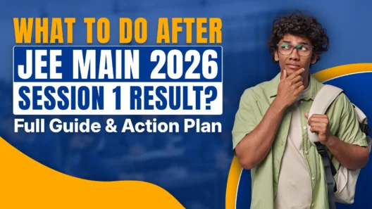 A promotional banner with bold text reading “What to Do After JEE Main 2026 Session 1 Result? Full Guide & Action Plan” on a blue and yellow background, featuring a thoughtful male student wearing glasses and a backpack, looking upward with his hand on his chin, symbolizing confusion and decision-making after exam results.