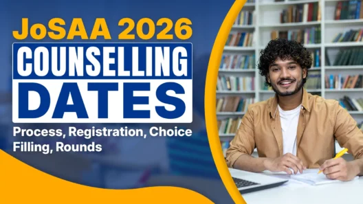 JoSAA 2026 counselling banner featuring bold text “Counselling Dates” with details about process, registration, choice filling, and rounds, alongside a smiling male student sitting at a desk with bookshelves in the background, representing engineering admission guidance.
