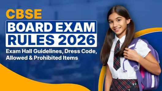 CBSE Board Exam Rules 2026 banner featuring a school girl in uniform with backpack, highlighting exam hall guidelines, dress code, and allowed & prohibited items as per Central Board of Secondary Education (CBSE) official instructions for Class 10 and Class 12 board exams.