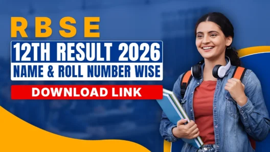 Banner image showing “RBSE 12th Result 2026 Name & Roll Number Wise Download Link” text in bold yellow, white, and red on a blue background, alongside a smiling female student wearing headphones around her neck, carrying books and a backpack, symbolizing Rajasthan Board Class 12 result announcement and online scorecard download information.
