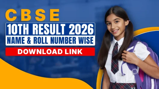 CBSE 10th Result 2026 banner featuring bold text “CBSE 10th Result 2026 Name & Roll Number Wise Download Link” on a blue and yellow background, alongside a smiling schoolgirl in uniform carrying a backpack, representing students checking their Class 10 board exam results online.