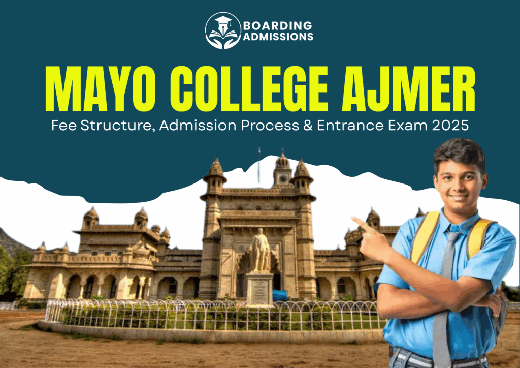 This image is a vibrant promotional banner for Mayo College Ajmer, featuring a dark teal header with the Boarding Admissions logo at the top. Large, bold yellow text reads “MAYO COLLEGE AJMER” above the subtitle “Fee Structure, Admission Process & Entrance Exam 2025” in white. Below, a clear photograph shows the iconic historic sandstone building of Mayo College with its grand arches, towers, clock tower, and central statue, framed by a white wavy divider. On the right, a smiling young male student in a blue school uniform, grey tie, and yellow backpack stands confidently with arms crossed and one hand pointing toward the college, inviting viewers to explore the admission details for 2025.