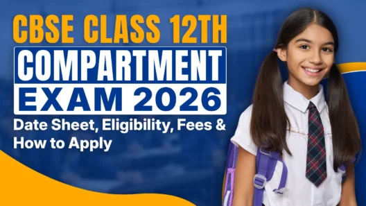 The image shows a vibrant promotional graphic for the CBSE Class 12th Compartment Exam 2026, featuring a cheerful young schoolgirl with long ponytails, wearing a crisp white school shirt, a colorful tie, and a purple backpack slung over her shoulder. She smiles confidently against a bold blue and orange background with the headline text in large yellow and blue letters reading "CBSESE CLASS 12TH COMPARTMENT EXAM 2026" (with some minor typos in the display), along with subtitles highlighting key details like Date Sheet, Eligibility, Fees, and How to Apply. The overall design uses energetic colors and school-themed elements to motivate students facing compartment exams, emphasizing a positive second-chance opportunity for CBSE 12th Supplementary Exam 2026 success.