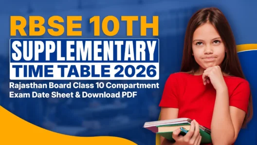 This image shows a vibrant promotional graphic for the RBSE 10th Supplementary Exam Time Table 2026, featuring a thoughtful young girl in a red t-shirt holding colorful books and looking slightly puzzled or curious while resting her chin on her hand. She stands against a bold blue background with yellow and orange accents, including large eye-catching text in yellow and blue reading "RBSE 10TH SUPPLEMENTARY TIME TABLE 2026" at the top, along with subtitle details about the Rajasthan Board Class 10 Compartment Exam Date Sheet and PDF download. The overall design uses motivational school-themed colors to engage students preparing for their compartment/supplementary exams.