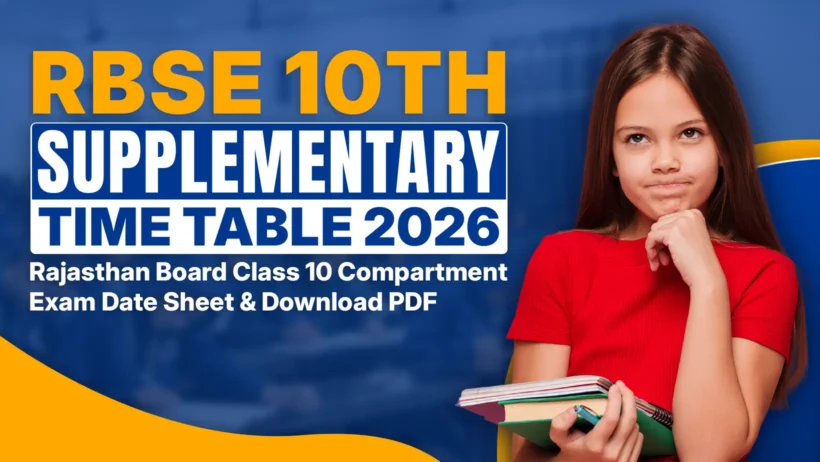 This image shows a vibrant promotional graphic for the RBSE 10th Supplementary Exam Time Table 2026, featuring a thoughtful young girl in a red t-shirt holding colorful books and looking slightly puzzled or curious while resting her chin on her hand. She stands against a bold blue background with yellow and orange accents, including large eye-catching text in yellow and blue reading "RBSE 10TH SUPPLEMENTARY TIME TABLE 2026" at the top, along with subtitle details about the Rajasthan Board Class 10 Compartment Exam Date Sheet and PDF download. The overall design uses motivational school-themed colors to engage students preparing for their compartment/supplementary exams.