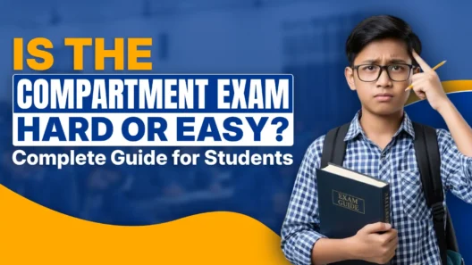 Yeh image ka alt text ek paragraph mein: A young Indian boy with black hair, wearing black-rimmed glasses, a blue-and-white checkered shirt, and a black backpack stands thoughtfully on the right side, holding a dark blue "EXAM GUIDE" book in his left hand while pointing a yellow pencil to his temple with his right hand and a confused expression on his face, set against a vibrant blue background with yellow wave accents and bold text on the left reading "IS THE COMPARTMENT EXAM HARD OR EASY?" in orange and blue boxes followed by "Complete Guide for Students" in white.