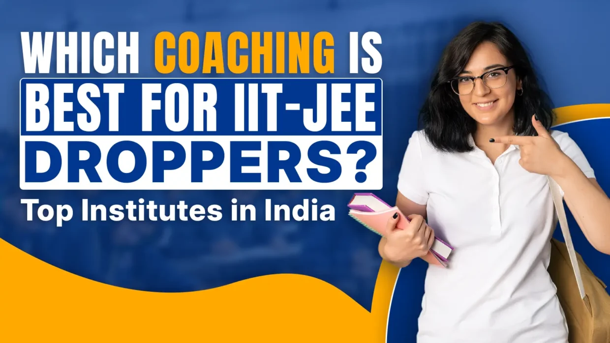 The vibrant promotional graphic features a confident young woman with glasses and black nail polish, dressed in a crisp white polo shirt, standing against a dynamic blue-to-orange gradient background with abstract curved shapes. She smiles brightly while pointing her finger toward the viewer in an engaging, motivational gesture, holding a stack of colorful books (including a pink and purple notebook) in her other arm. Bold, eye-catching text dominates the design in large uppercase letters: "WHICH COACHING IS BEST FOR IIT-JEE DROPPERS?" in white, orange, and blue hues at the top, followed by "Top Institutes in India" below, emphasizing guidance for repeaters aiming for IIT-JEE success. The overall composition conveys energy, aspiration, and direct appeal to JEE droppers seeking the best coaching options in India, with a modern, student-focused aesthetic typical of educational advertisements.